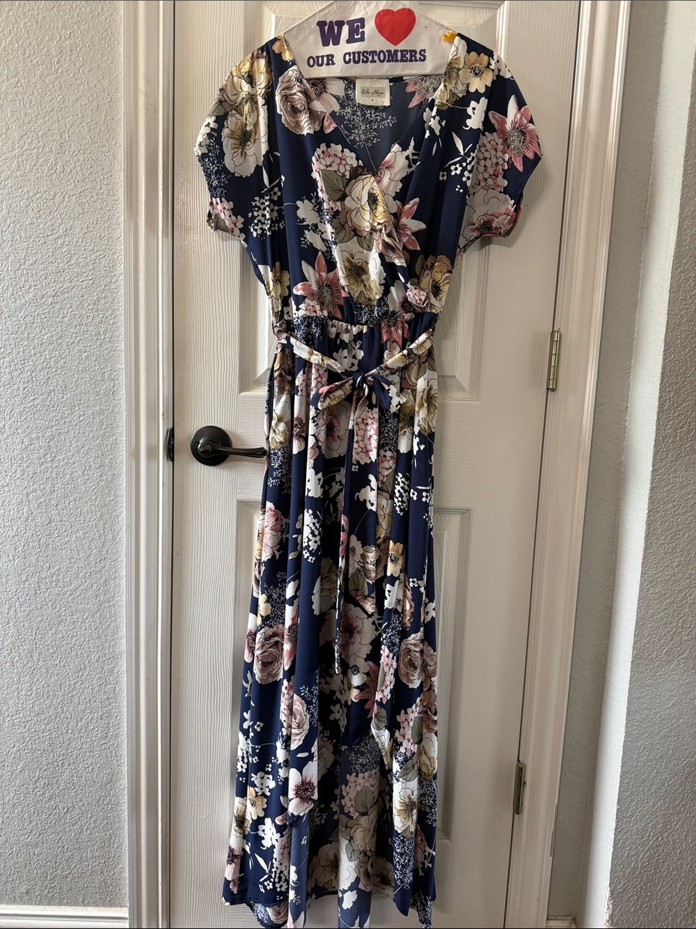 Navy Floral High-Low Wrap Dress with Tie Waist